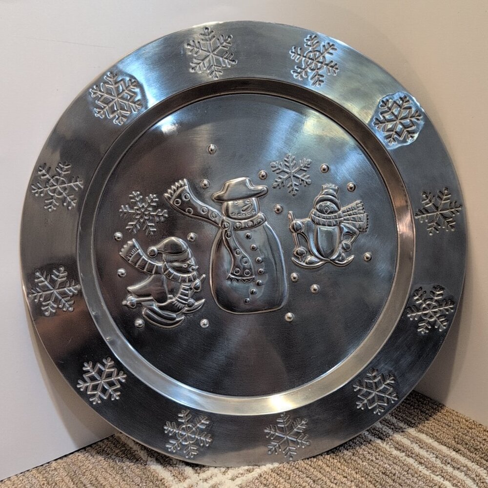 Vintage Aluminum Snowman & Penguin Charger Plate Decoration Living Quarters